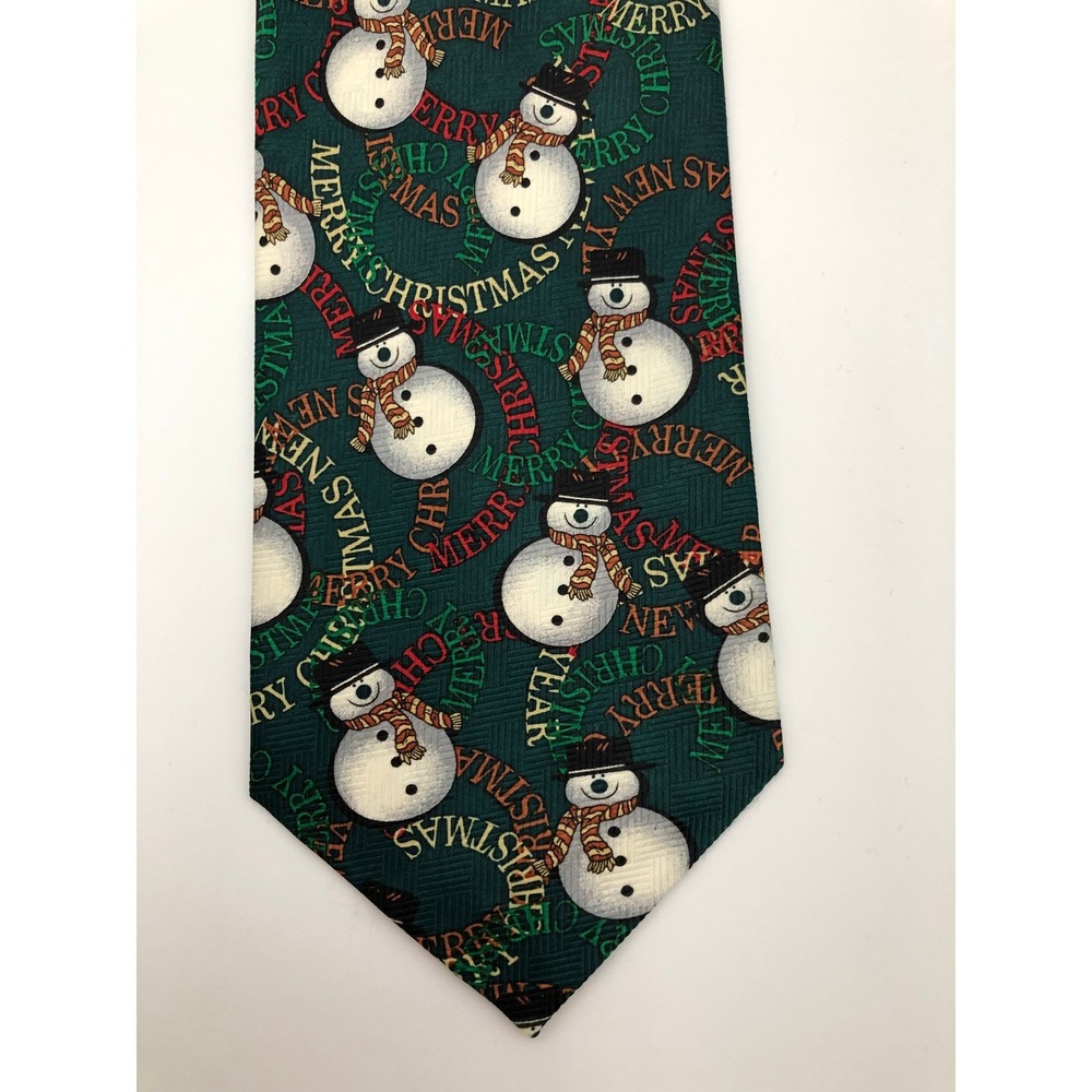 Snowman Merry Christmas Holiday Necktie Green Polyester 58" x 4"